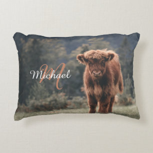 Highland cow calf autumn grass monogram initial decorative cushion