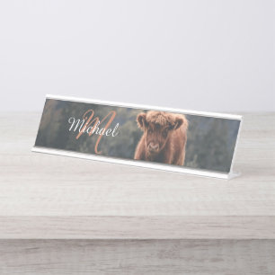 Highland cow calf autumn grass monogram initial desk name plate