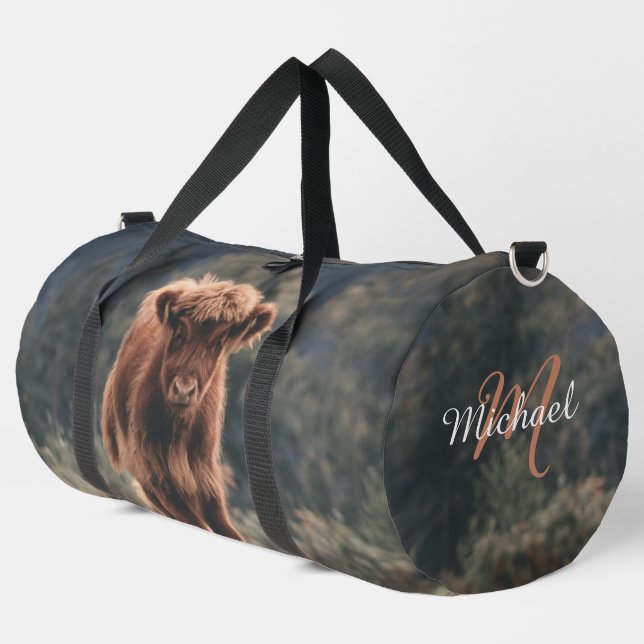 Highland cow calf autumn grass monogram initial duffle bag (Left Corner)