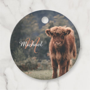 Highland cow calf autumn grass monogram initial favour tags