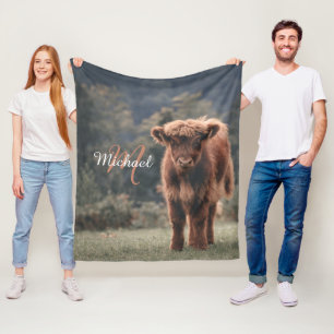 Highland cow calf autumn grass monogram initial fleece blanket