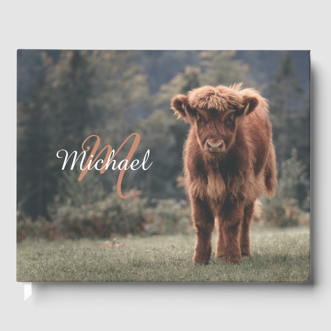 Highland cow calf autumn grass monogram initial guest book (Front)