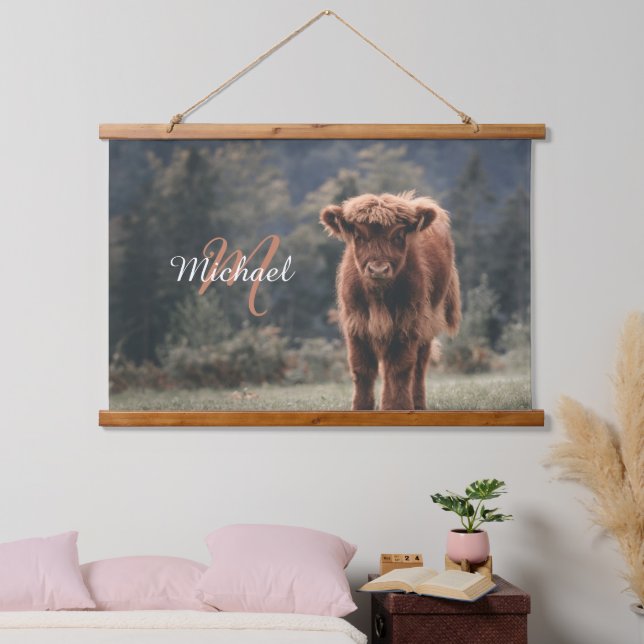 Highland cow calf autumn grass monogram initial hanging tapestry (Bedroom)