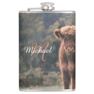 Highland cow calf autumn grass monogram initial hip flask