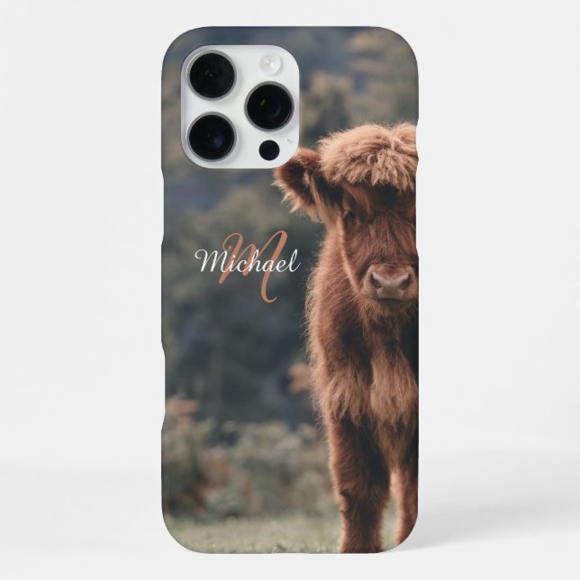 Highland cow calf autumn grass monogram initial iPhone case (Back)