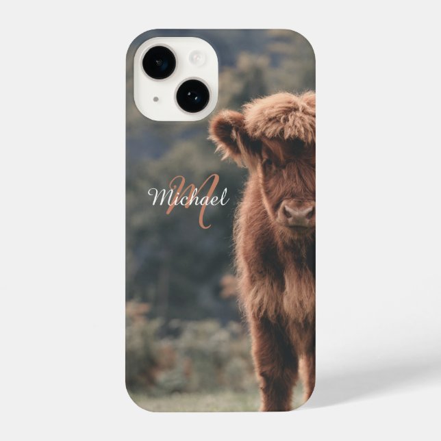Highland cow calf autumn grass monogram initial iPhone case (Back)