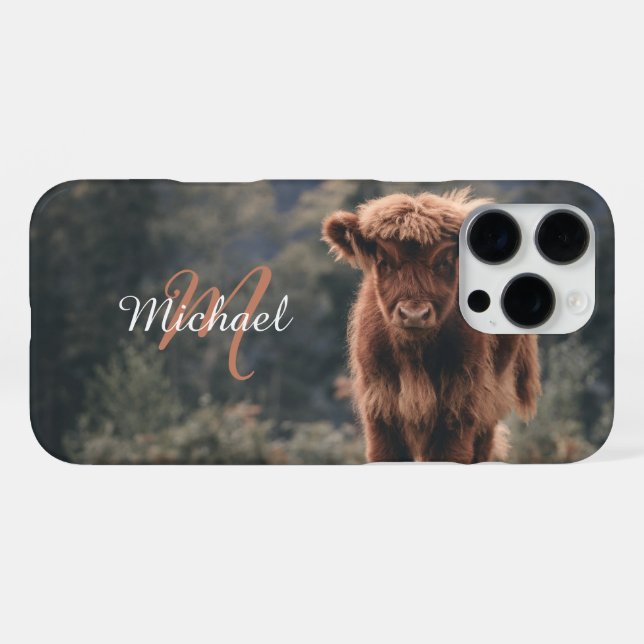 Highland cow calf autumn grass monogram initial iPhone case (Back Horizontal)