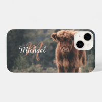 Highland cow calf autumn grass monogram initial