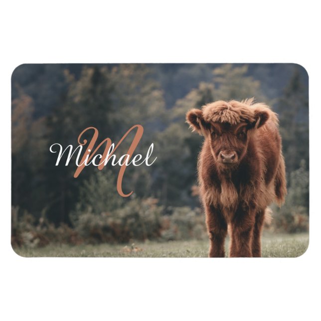 Highland cow calf autumn grass monogram initial magnet (Horizontal)