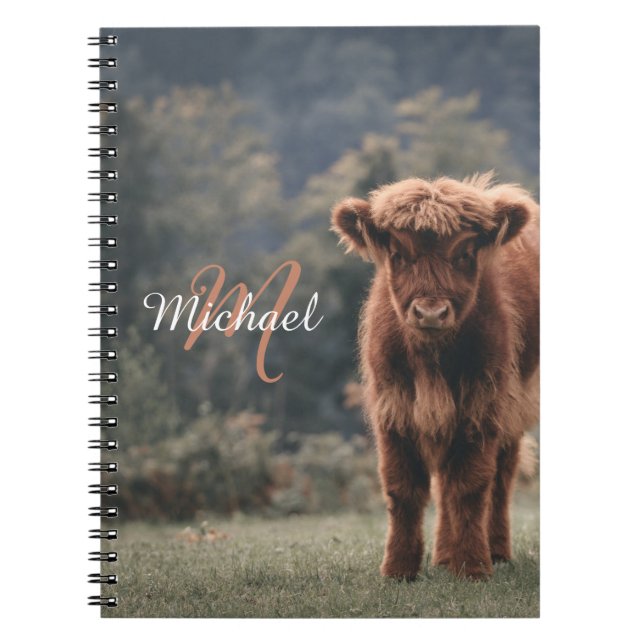 Highland cow calf autumn grass monogram initial notebook (Front)