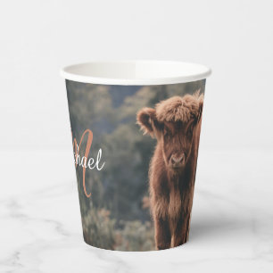 Highland cow calf autumn grass monogram initial paper cups