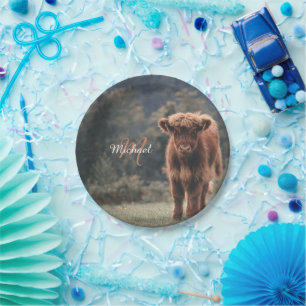 Highland cow calf autumn grass monogram initial paper plate