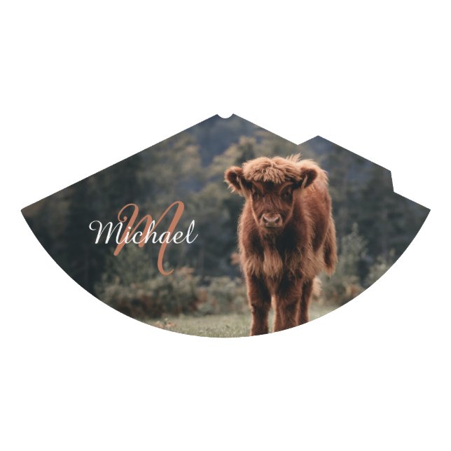 Highland cow calf autumn grass monogram initial party hat (Front)