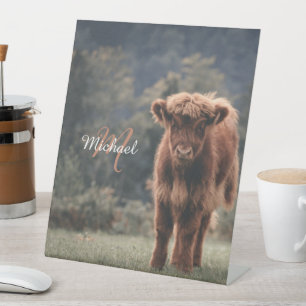 Highland cow calf autumn grass monogram initial pedestal sign