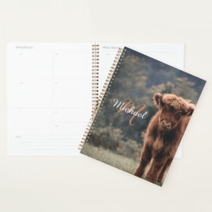 Highland cow calf autumn grass monogram initial planner