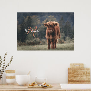 Highland cow calf autumn grass monogram initial poster