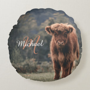 Highland cow calf autumn grass monogram initial round cushion