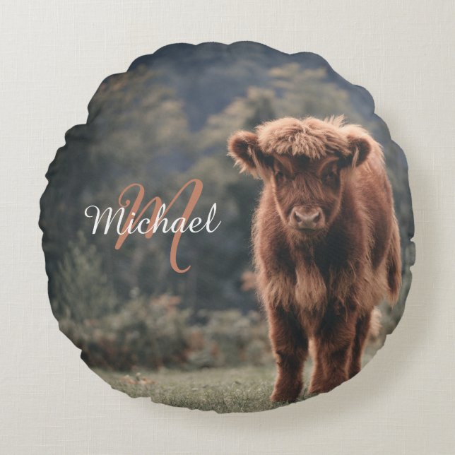 Highland cow calf autumn grass monogram initial round cushion (Front)