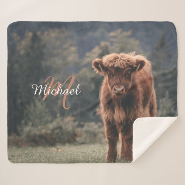 Highland cow calf autumn grass monogram initial sherpa blanket (Front (Horizontal))