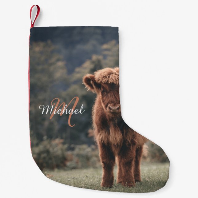 Highland cow calf autumn grass monogram initial small christmas stocking (Front)