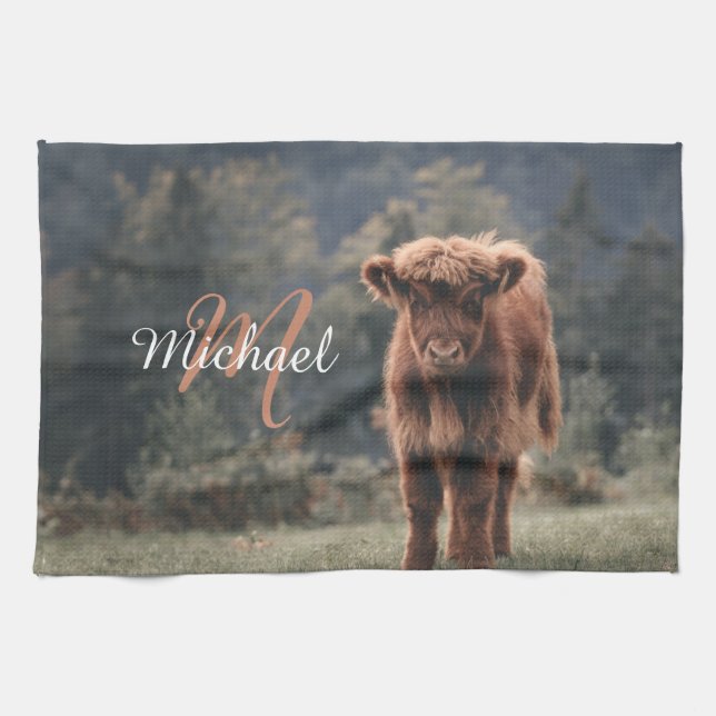 Highland cow calf autumn grass monogram initial tea towel (Horizontal)