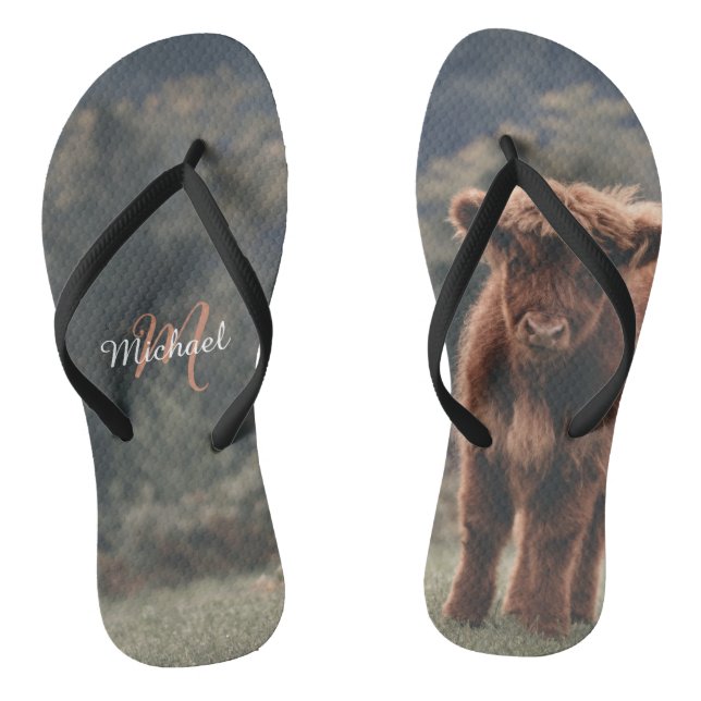 Highland cow calf autumn grass monogram initial thongs (Footbed)