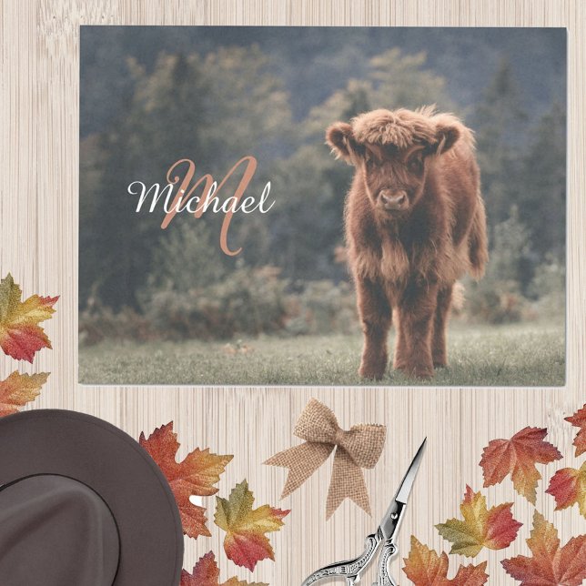 Highland cow calf autumn grass monogram initial tissue paper (Creator Uploaded)