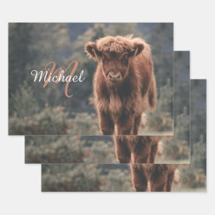 Highland cow calf autumn grass monogram initial wrapping paper sheet