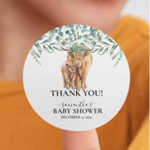 Highland Cow Calf Baby Shower Eucalyptus  Classic Round Sticker