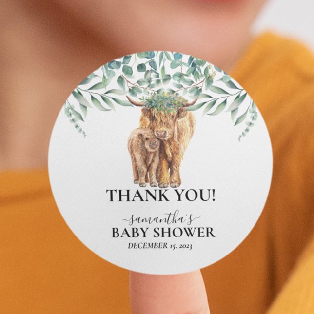 Highland Cow Calf Baby Shower Eucalyptus  Classic Round Sticker (Creator Uploaded)
