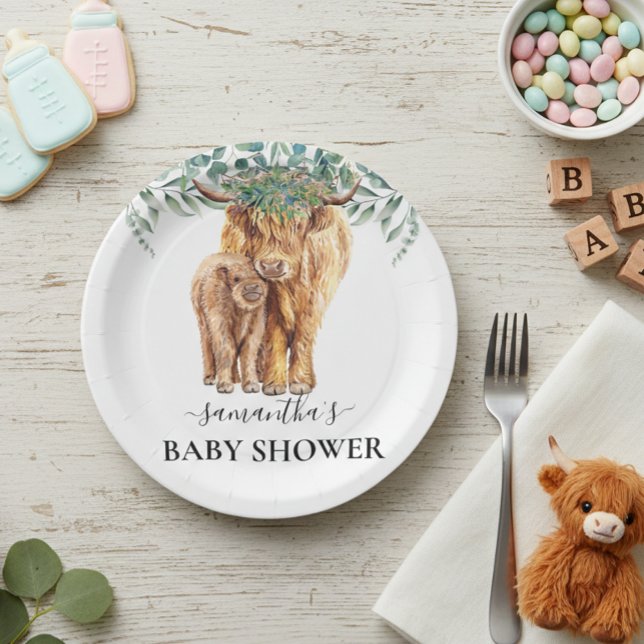Highland Cow Calf Baby Shower Eucalyptus  Paper Plate (Creator Uploaded)