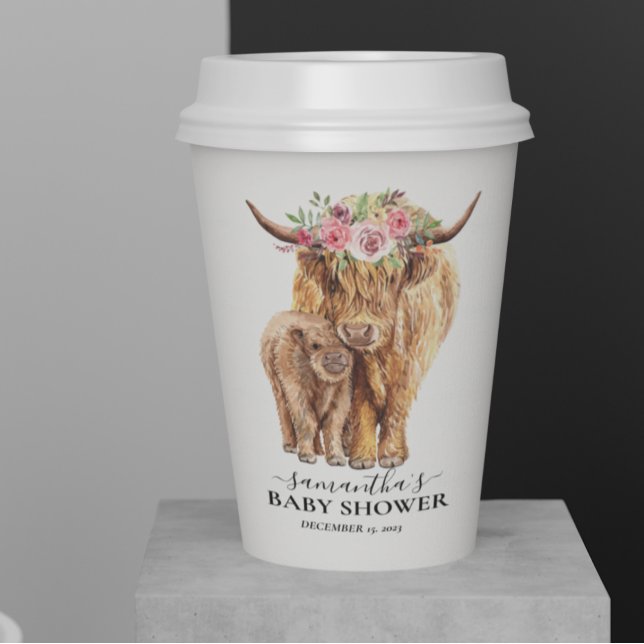  Highland Cow Calf Baby Shower Watercolor  Paper Cups (Creator Uploaded)