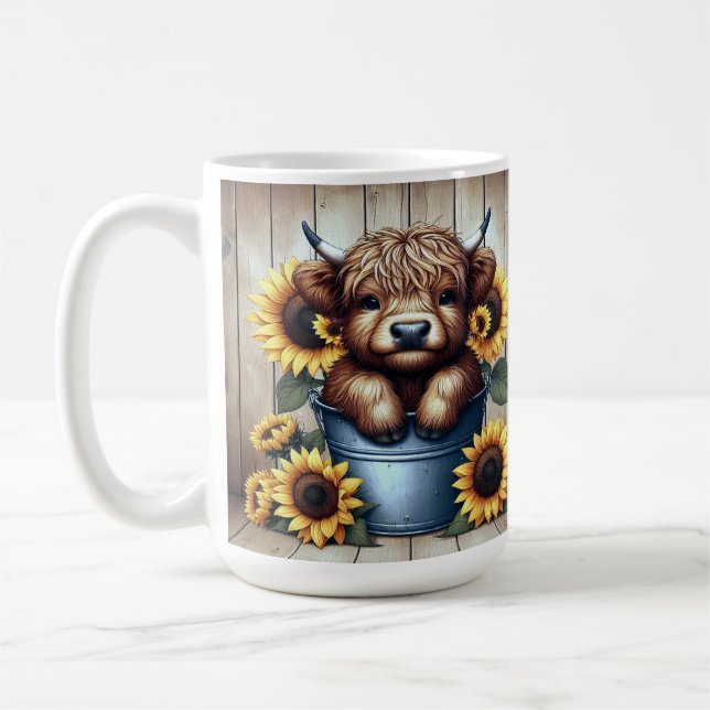 Highland Cow Calf In Metal Bucket with Sunflowers Coffee Mug (Left)