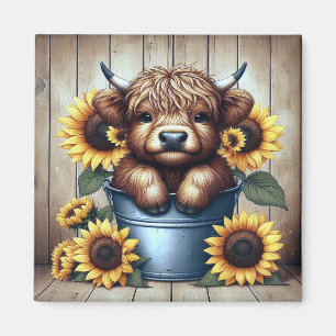 Highland Cow Calf In Metal Bucket with Sunflowers Magnet