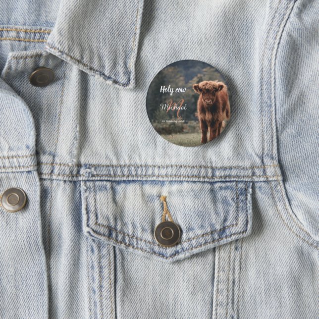 Highland cow calf monogram first birthday party 6 cm round badge (In Situ)