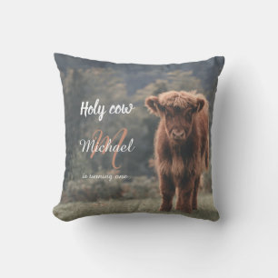Highland cow calf monogram first birthday party cushion