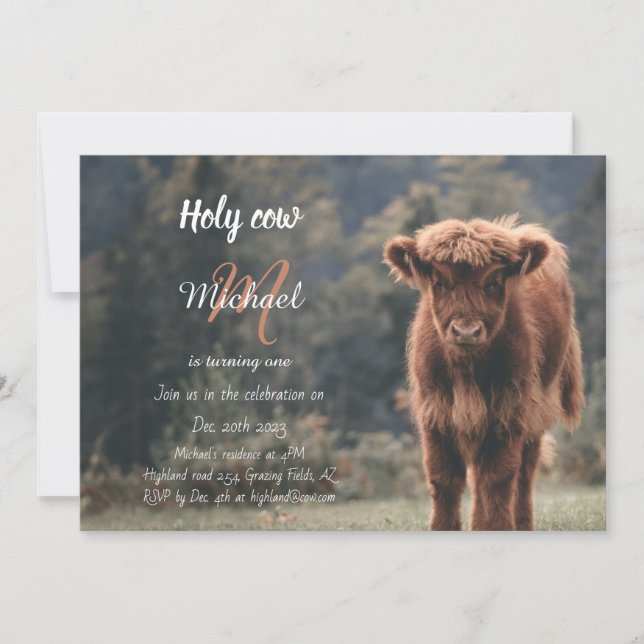 Highland cow calf monogram first birthday party invitation (Front)