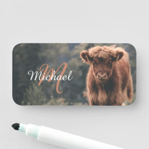 Highland cow calf monogram first birthday party name tag
