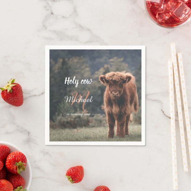 Highland cow calf monogram first birthday party napkin (Insitu)
