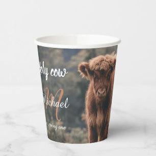 Highland cow calf monogram first birthday party paper cups