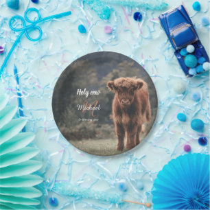 Highland cow calf monogram first birthday party paper plate