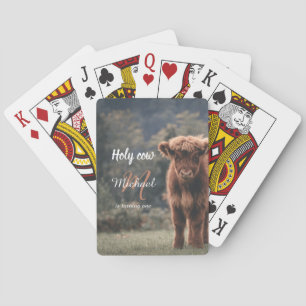 Highland cow calf monogram first birthday party playing cards