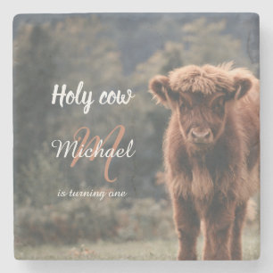 Highland cow calf monogram first birthday party stone coaster