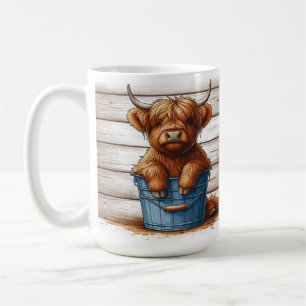 Highland Cow Calf on Blue Bucket Against Wood Wall Coffee Mug