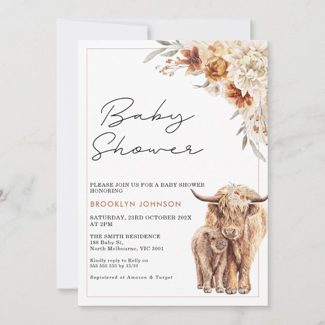 Highland Cow Calf Orange Boho Floral Baby Shower Invitation (Front)