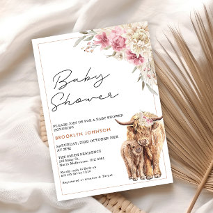 Highland Cow Calf Pink Boho Floral Baby Shower Invitation
