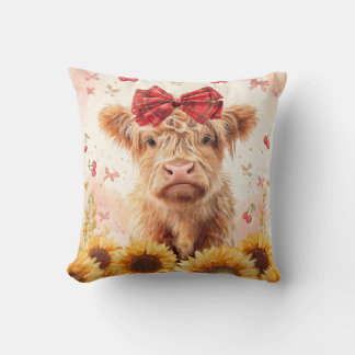 Highland Cow calf with Sunflower bow Cushion