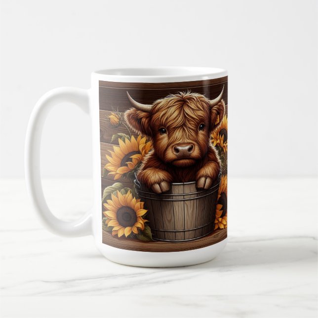Highland Cow Calf with Sunflowers in Wood Bucket Coffee Mug (Left)
