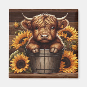 Highland Cow Calf with Sunflowers in Wood Bucket Magnet