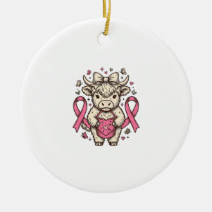 Highland Cow Cancer Awareness Ribbon Cute Calf Des Ceramic Ornament